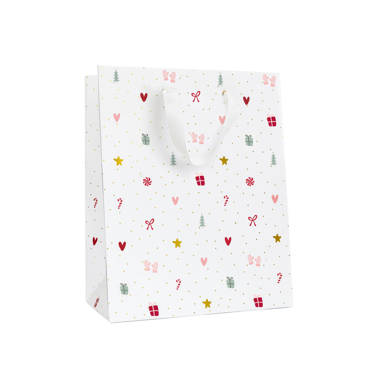 Multicolor Holiday Icon Gift Bag with White Ribbon Handles
