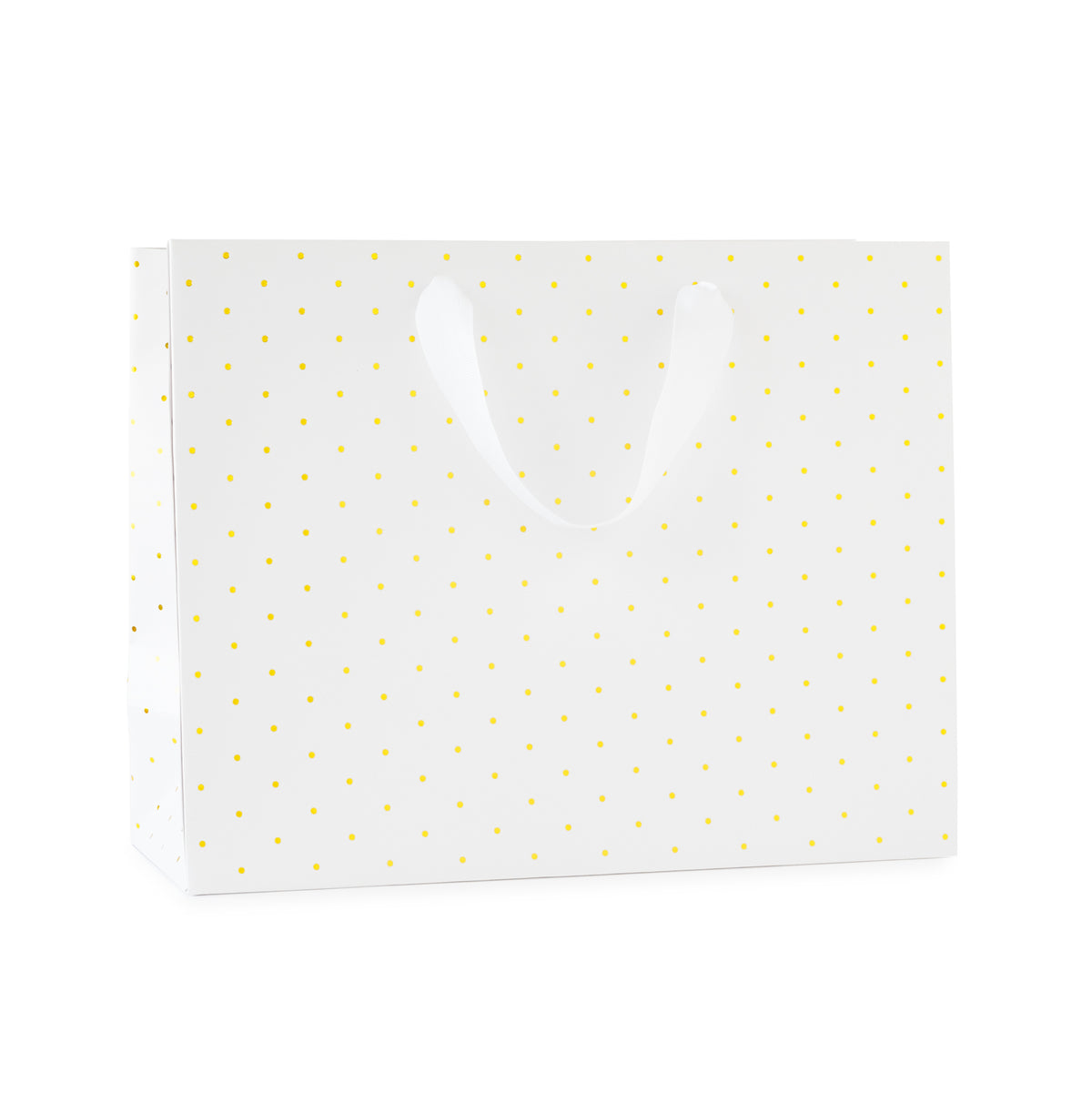 large white gift bag with white ribbon handles with gold foil dot pattern