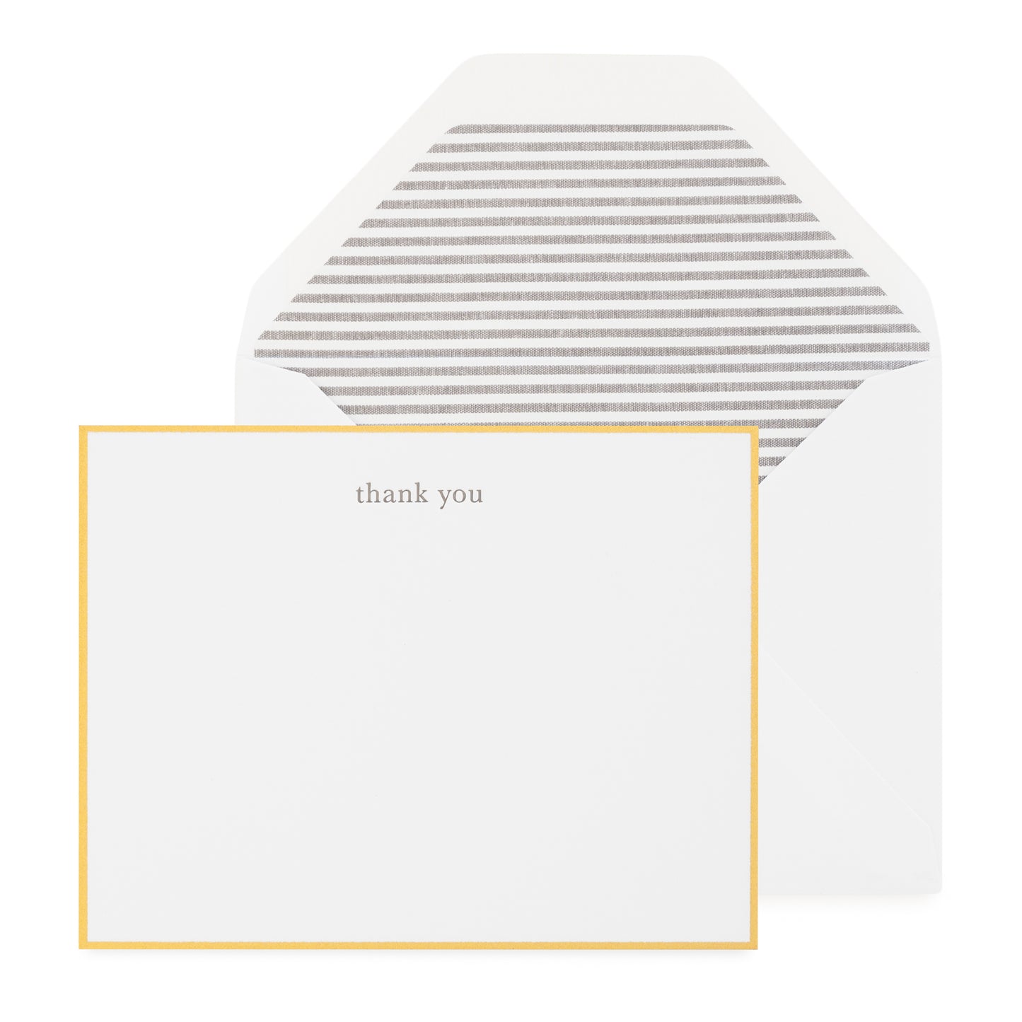 A white note set featuring a square card with a thin gold border and the words 'thank you' in small gray text, paired with a white envelope that has gray horizontal stripes inside.