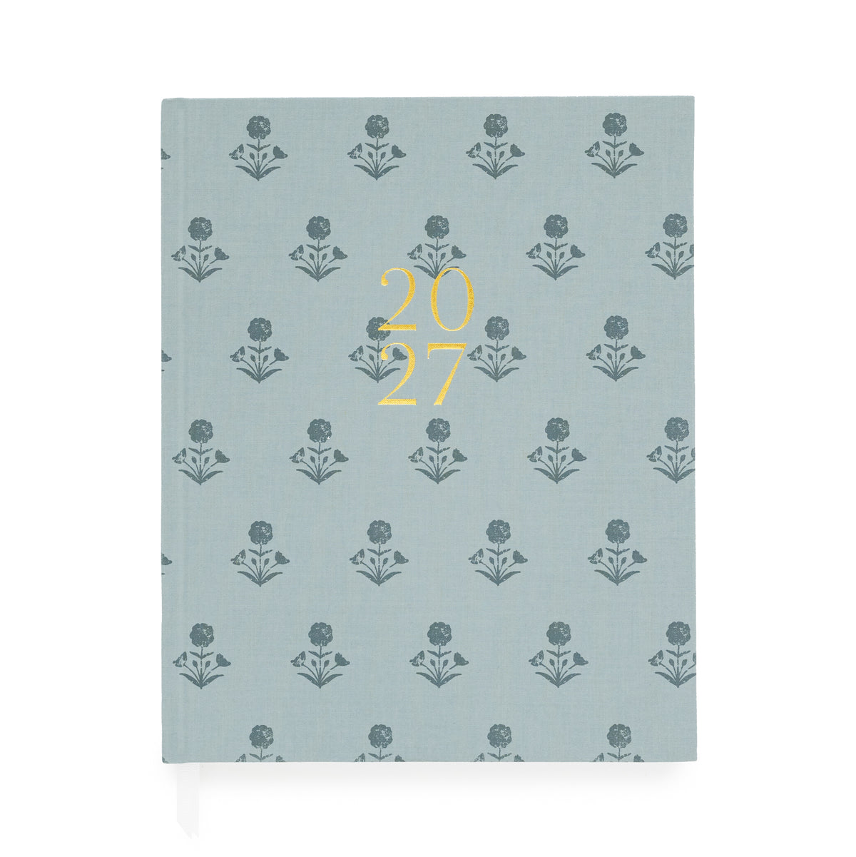 A dusty blue fabric planner with dark blue floral pattern and '2027' stamped on the cover in gold foil with two white ribbon markers