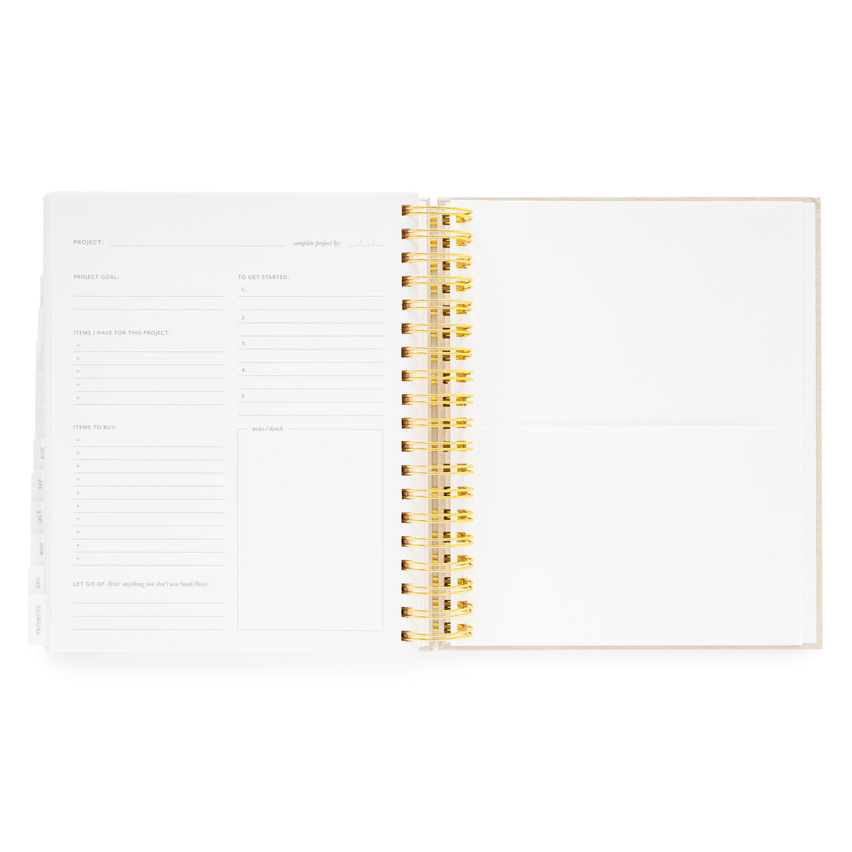 Open daily spiral planner to project page with project goal, items i have for project, items to buy, let go of, to get started and notes/sketch and white pocket for keepsakes