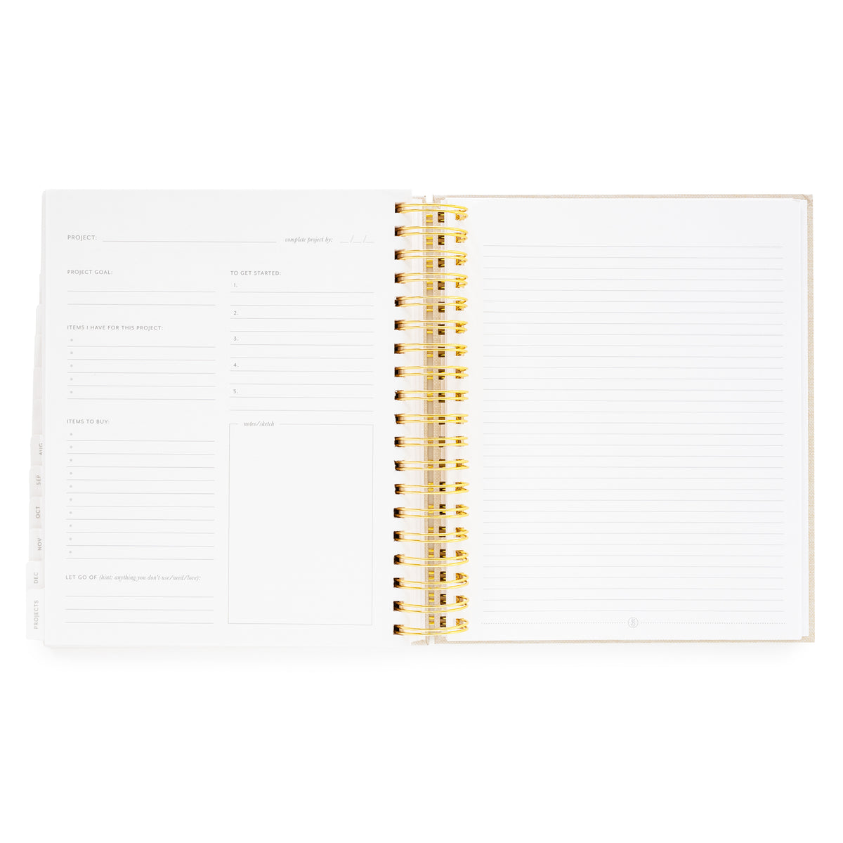 Open daily spiral planner to project page with project goal, items i have for project, items to buy, let go of, to get started and notes/sketch and lined notes pages