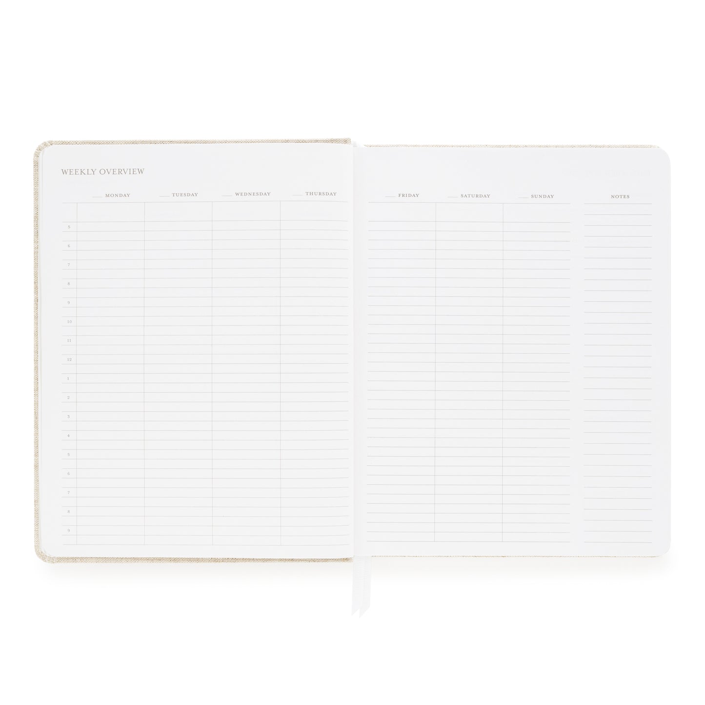 Weekly overview grid with space for each day of the week and timed hourly slots