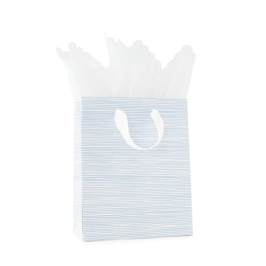Blue and White Stripe Gift Bag with white handles with white scallop tissue paper