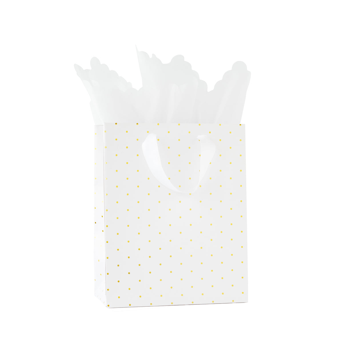 white with gold foil dot gift bag with white tissue paper and white ribbon handles