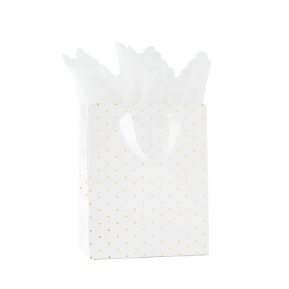 white with gold foil dot gift bag with white tissue paper and white ribbon handles