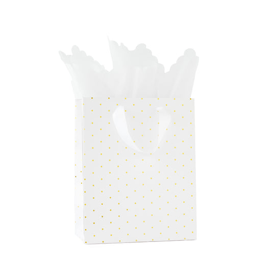 white with gold foil dot gift bag with white tissue paper and white ribbon handles