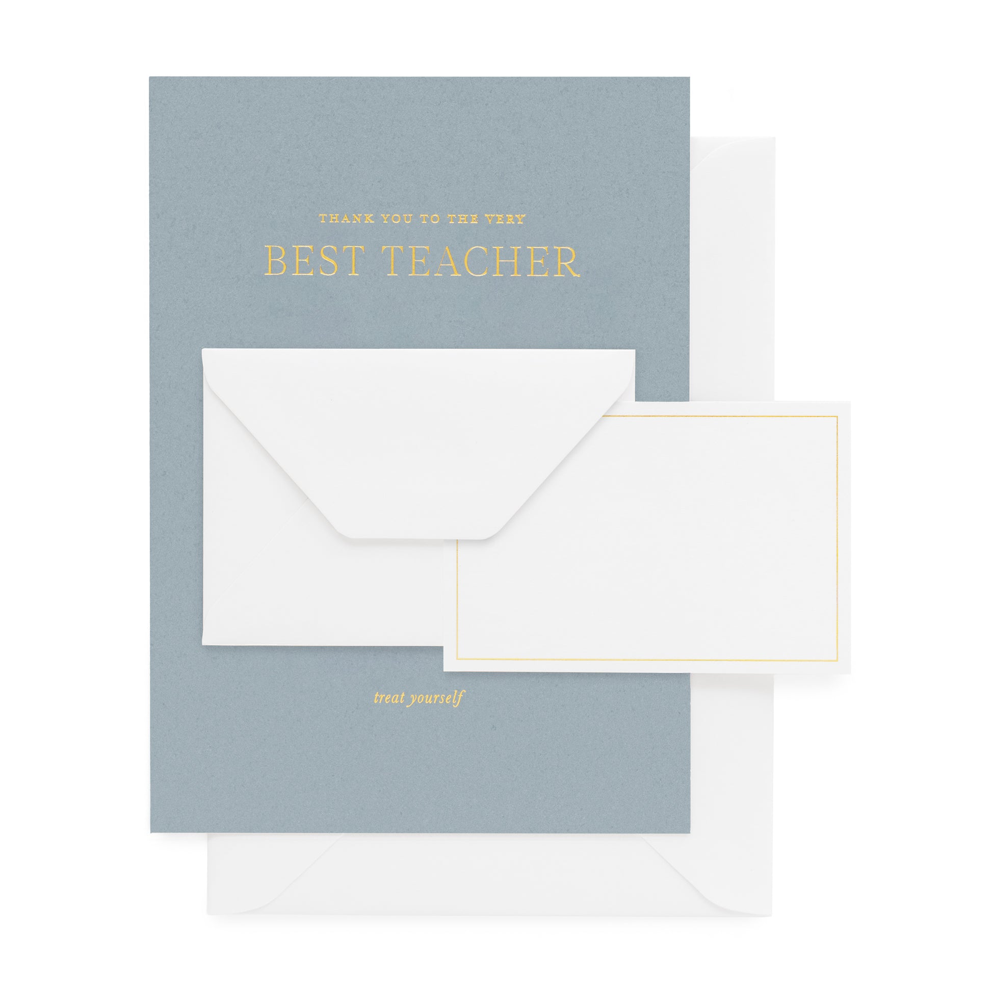 Dusty blue card foil printed with 'thank you to the very best teacher treat yourself' with a mini enclosure card and envelope paired with a white envelope