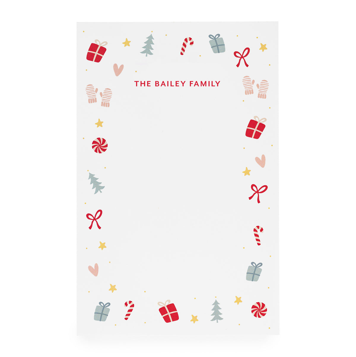 White notepad with multicolor holiday icon border with 'the bailey family' in red text