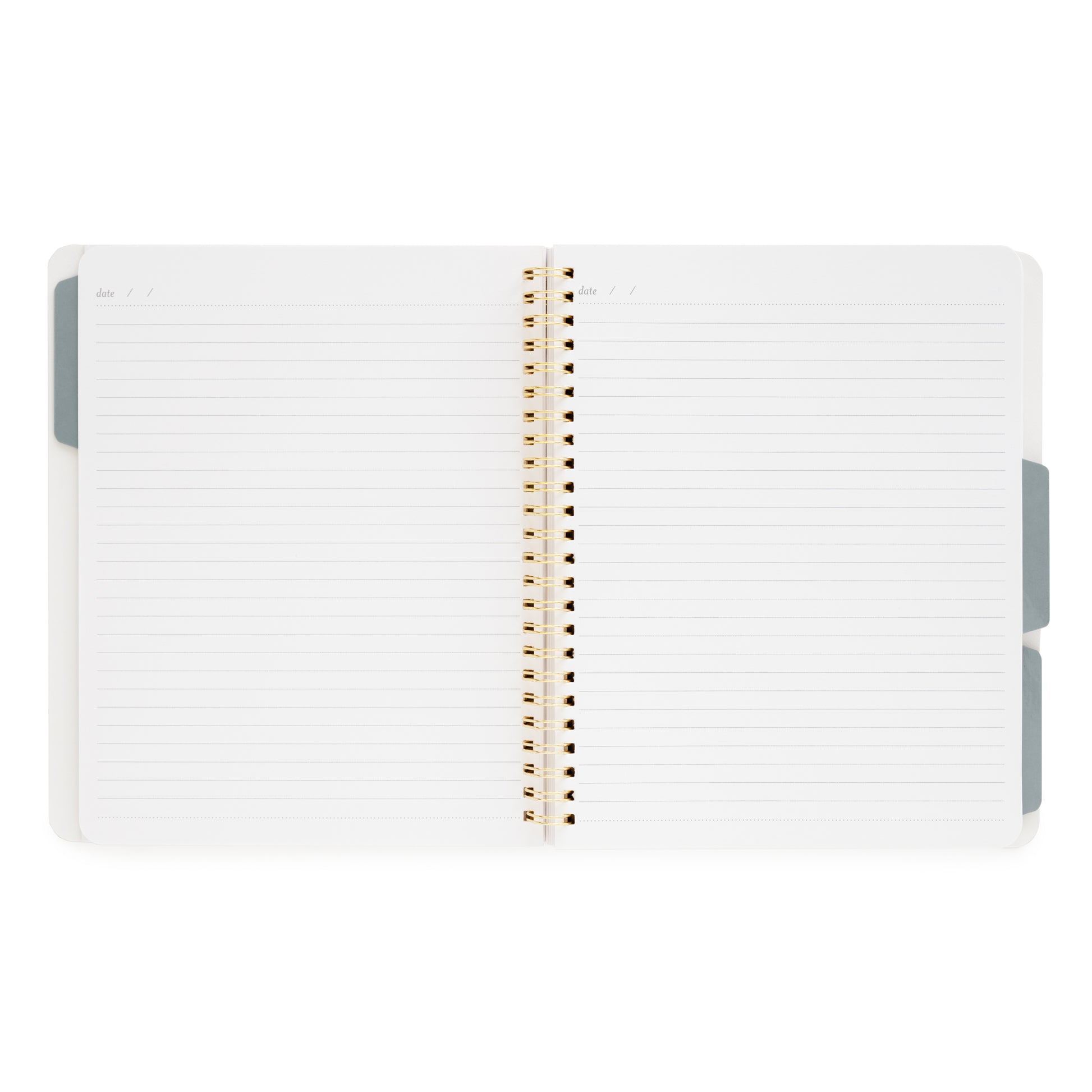 Interior of tabbed spiral notebook with gold spiral binding and 3 blue tab dividers