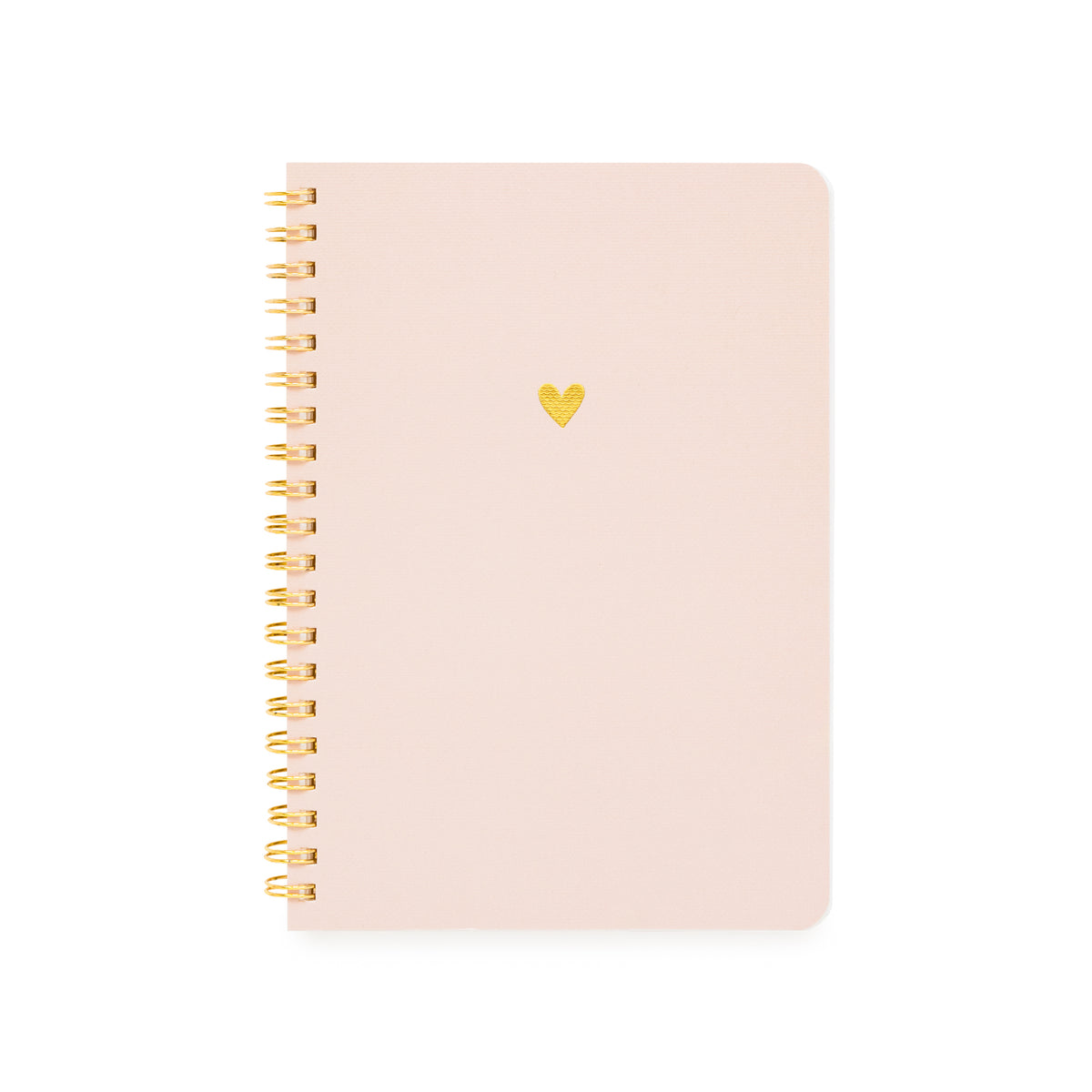 A light pink small spiral-bound notebook with a small gold heart on the front cover