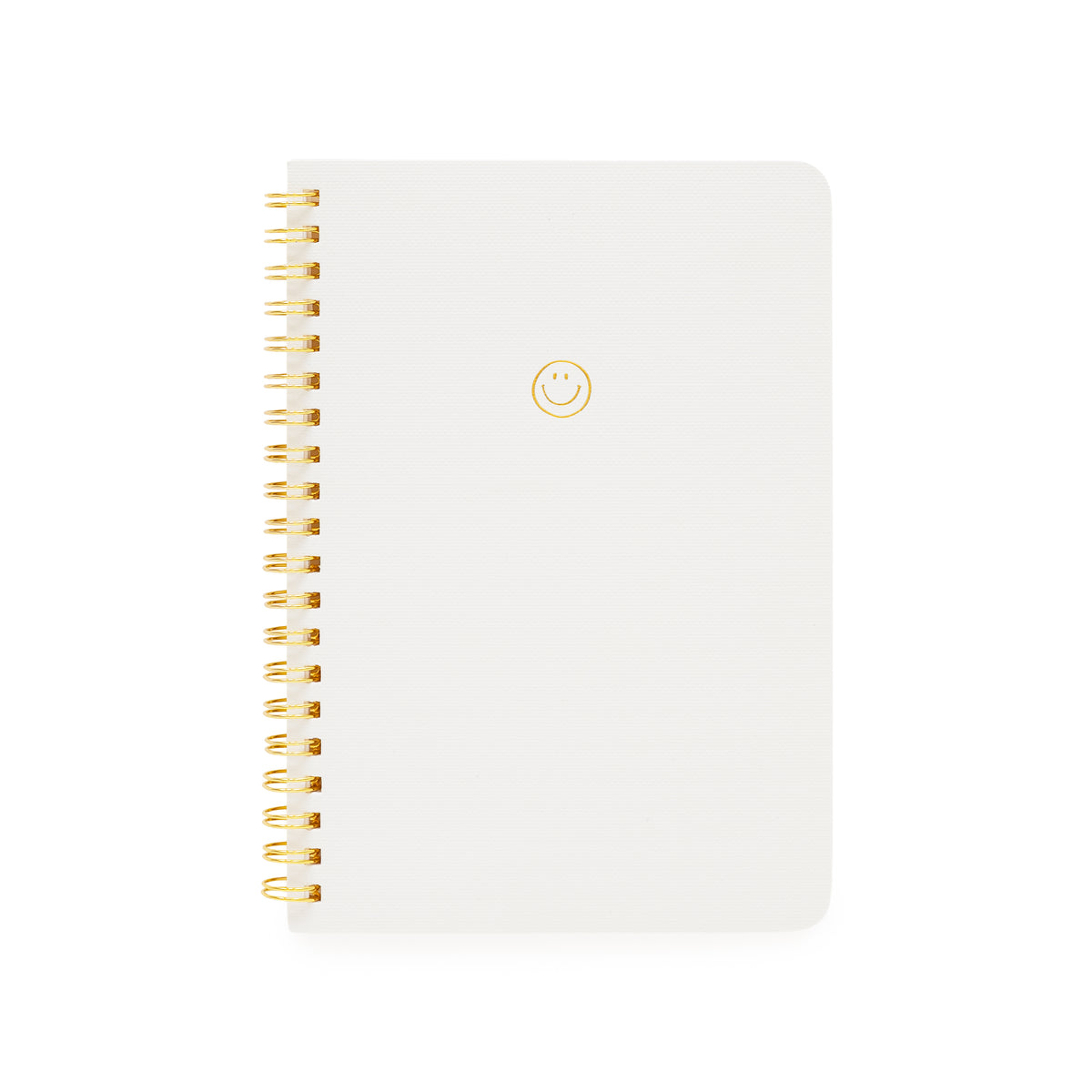 white mini spiral notebook with gold foil smiley face and gold spiral binding