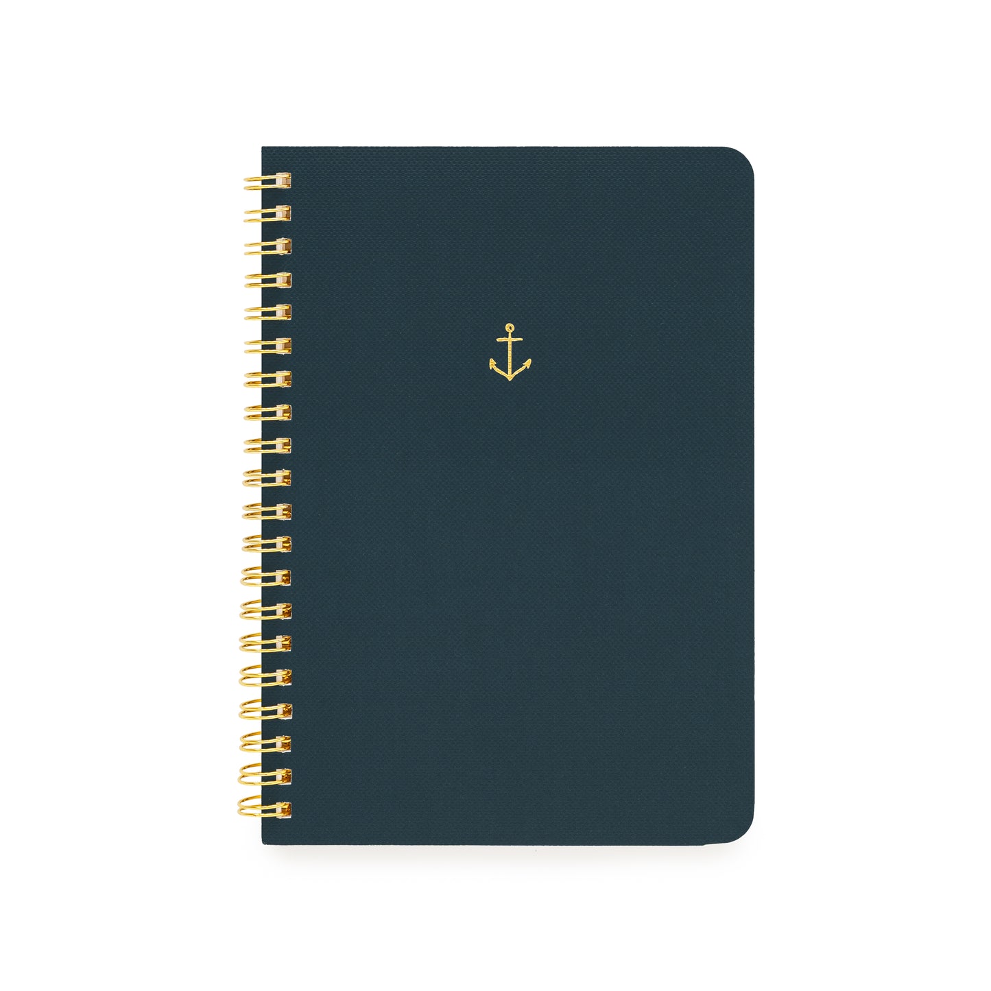 Navy small spiral notebook with a gold spiral and gold foil anchor icon printed on cover