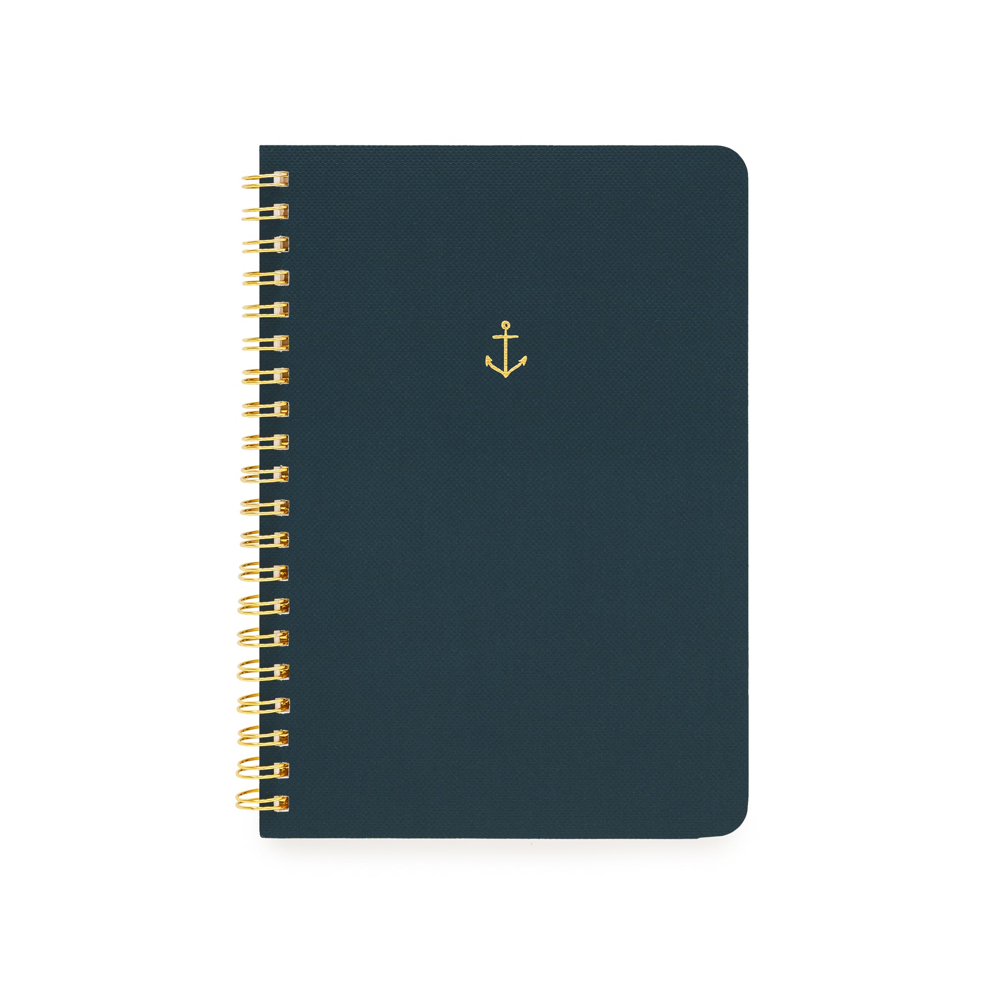 Navy small spiral notebook with a gold spiral and gold foil anchor icon printed on cover
