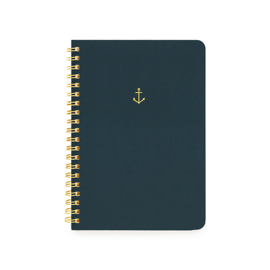 Navy small spiral notebook with a gold spiral and gold foil anchor icon printed on cover