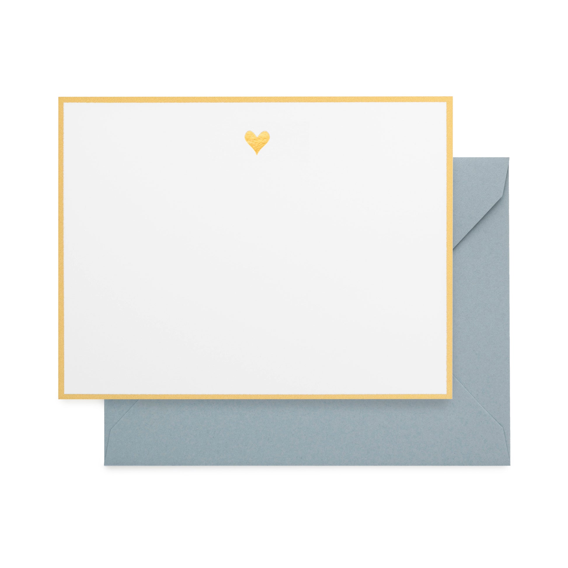 white card with gold heart and gold border, slate blue envelope