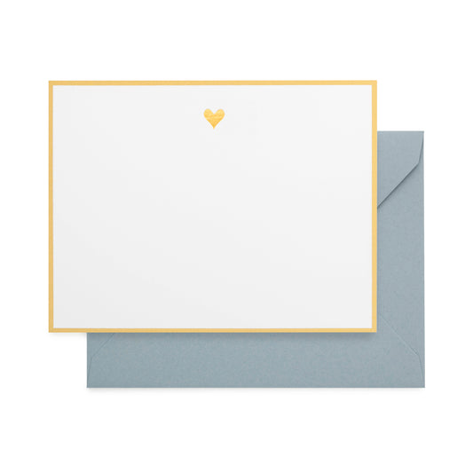 white card with gold heart and gold border, slate blue envelope