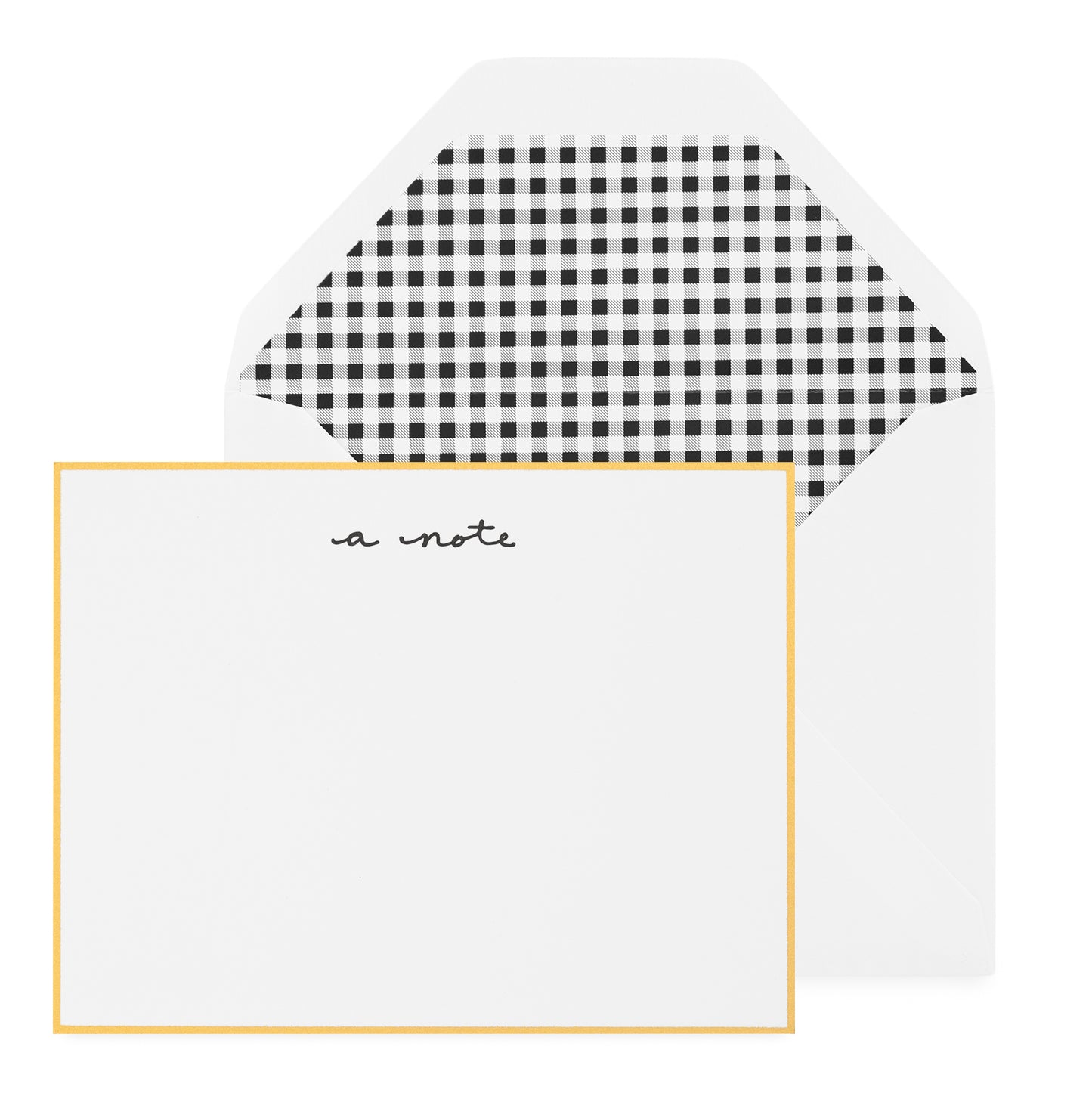 white card with black "a note" text and gold border, white envelope with black gingham liner