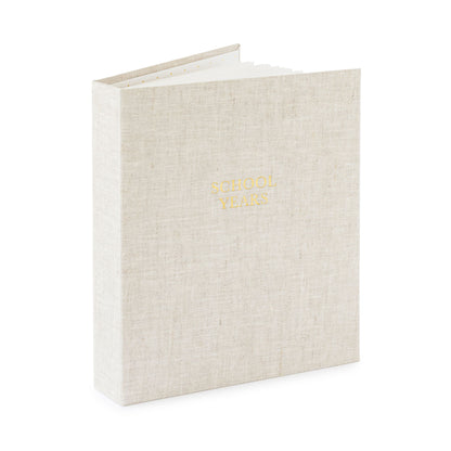 flax fabric school years book open showing pages and foil stamped with school years in gold on cover