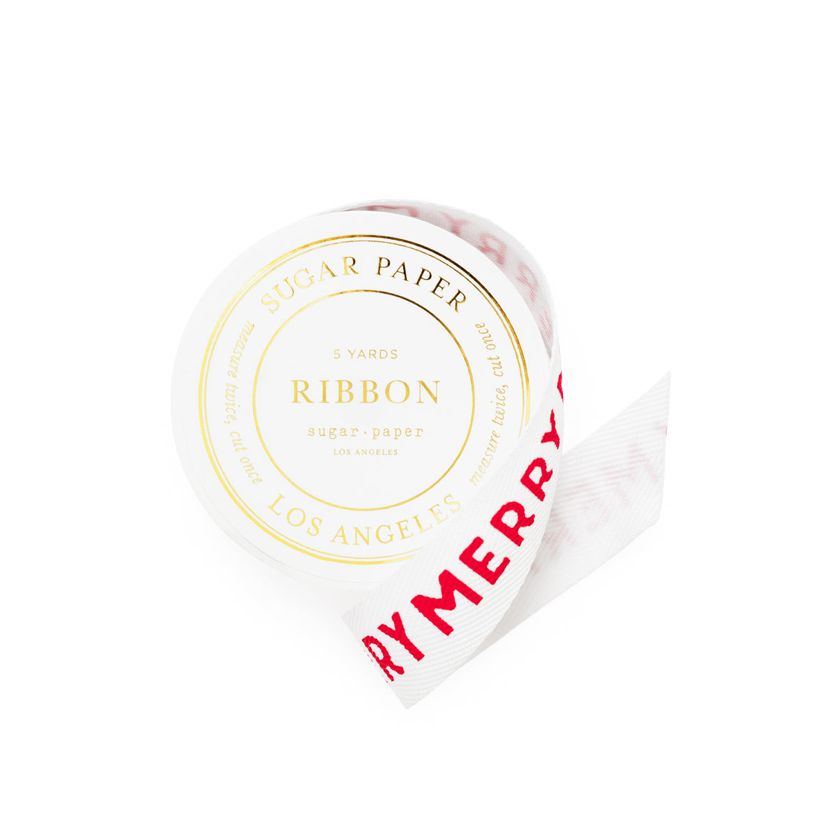 A roll of white sugar paper ribbon with red 'MERRY' text printed on it, shown on a clean white background. The round label on the roll reads 'SUGAR PAPER RIBBON LOS ANGELES' in gold foil
