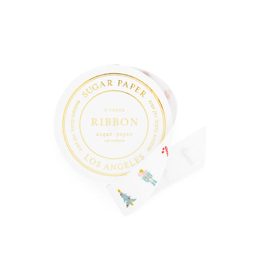 White ribbon printed with colorful holiday icons with nutcracker, candy cane, tree