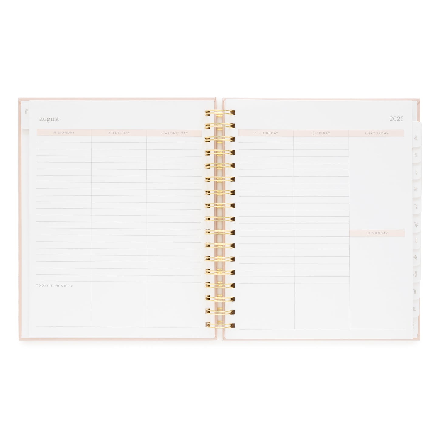 Open spiral bound planner with weekly layout and space for today's priority in the bottom of each day of the week