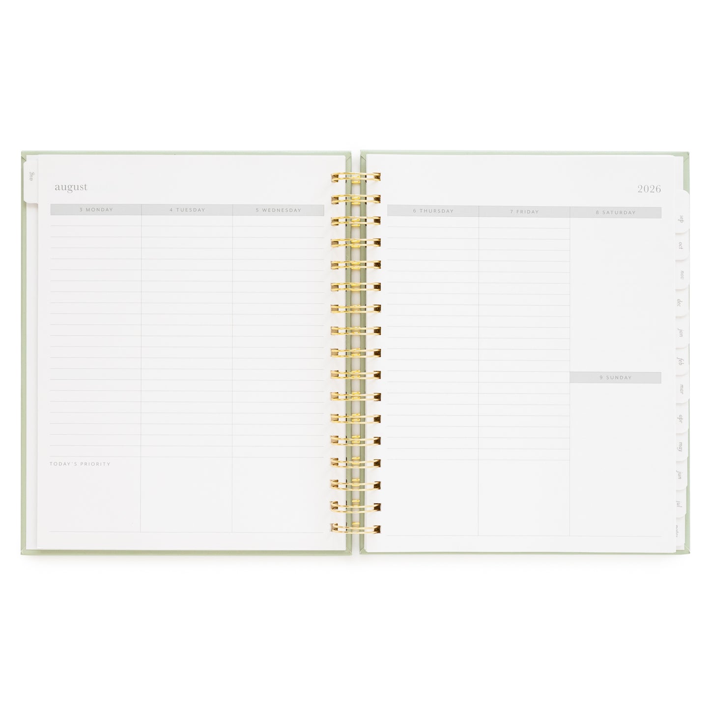 Open spiral bound planner with weekly layout and space for today's priority in the bottom of each day of the week