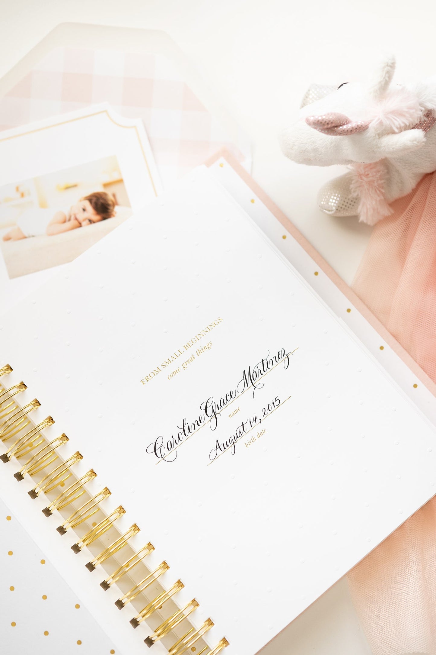 Title page of baby book with baby's name and birthday date and greeting 'from small beginnings come great things' printed in gold foil