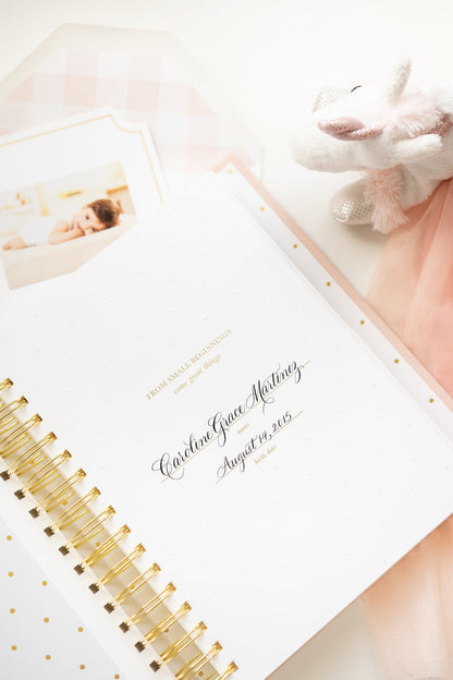 Title page of baby book with baby's name and birthday date and greeting 'from small beginnings come great things' printed in gold foil