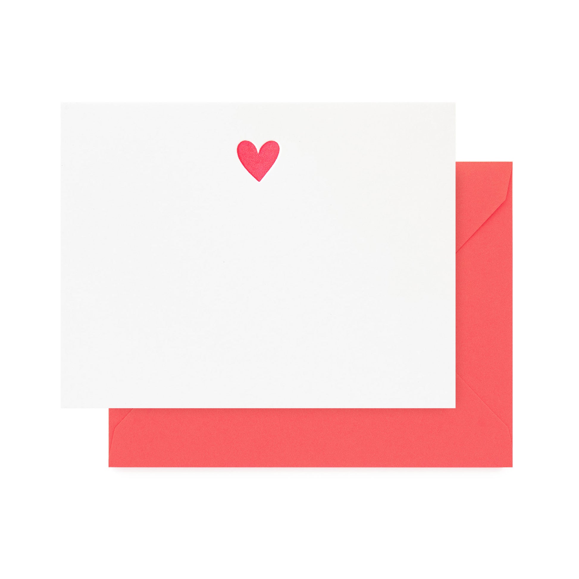 A notecard with a neon pink heart design  and a neon pink envelope.